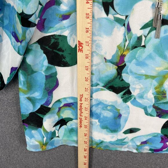 Calvin Klein Blouse Womens Medium Blue Floral Split Neck Chain Tassel Sheer - Picture 9 of 16